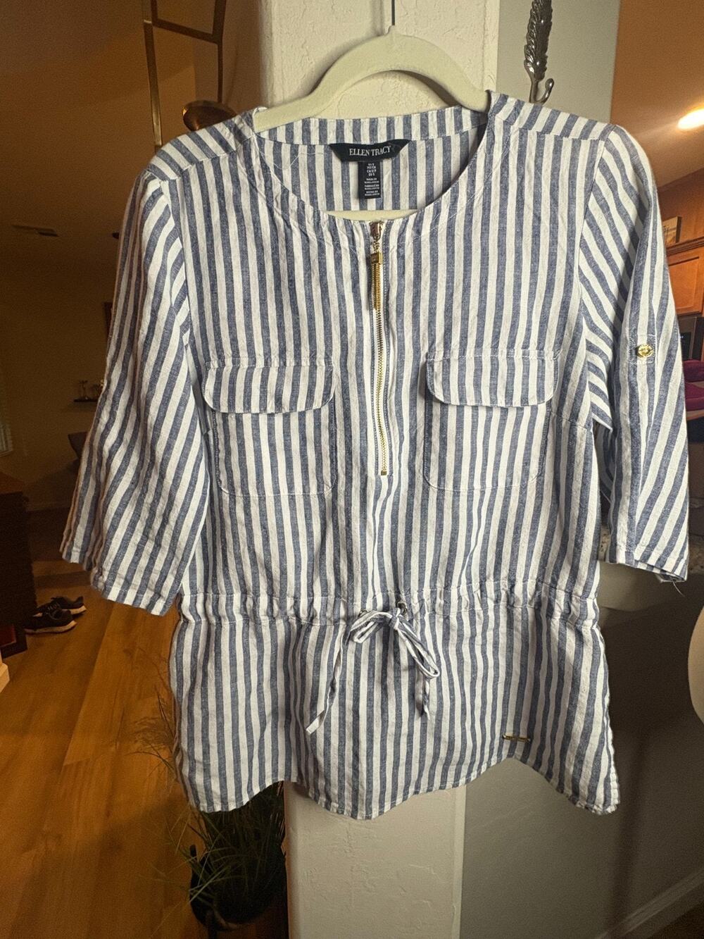 Ellen Tracy 100% Linen Blue White Stripe Button Shirt Small 4-8